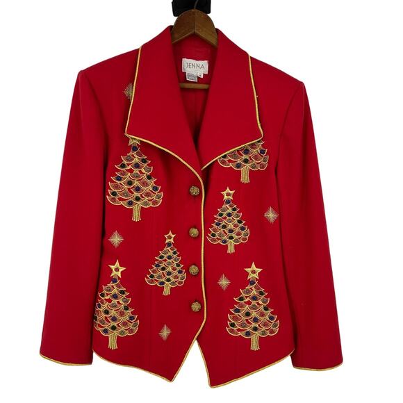 Vintage Jenna Christmas Tree Red Blazer 100% Wool Beaded & Embroidered Women 10 - Picture 1 of 11